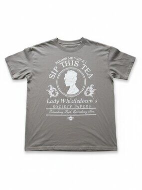 Bridgerton Lady Whistledown Sip This Tea Graphic Tee Taupe Size S NWT